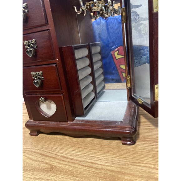 Vintage Wooden Armoire Jewelry Box Chest Necklace Carousel Etched Flowers - Picture 6 of 16